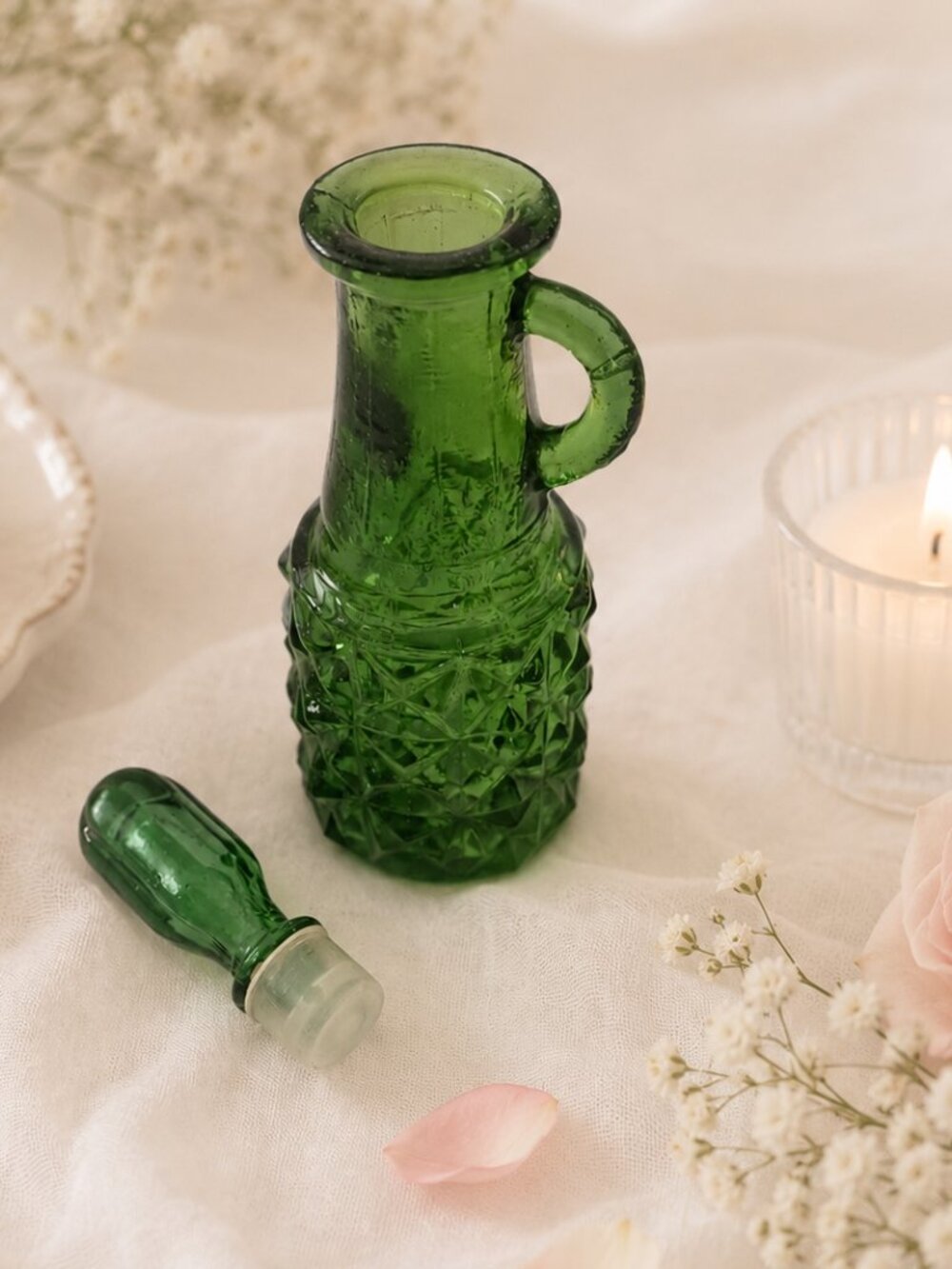 Vintage Cruet Vinegar Decanter Bottle Miniature 3.5 inch Green Glass Handle